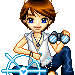 Pixel art character with brown hair and blue eyes holding binoculars, wearing white sleeveless shirt and blue pants, seated on blue ship wheel with heart symbol.