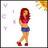 Pixelated static icon of a cartoon woman with long red hair wearing a pink crop top and blue shorts, standing against a white background with faint gray heart shapes on the left side.
