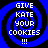 Four identical blue and black spiral-patterned icons with white text reading 'GIVE KATE YOUR COOKIES !!!' arranged in a