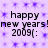 Pixelated text displays 'happy new years!new years! 2009(' on a light purple background with scattered blue star-like patterns.