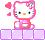 Pixelated Hello Kitty character with pink bow and red dress, surrounded by floating hearts on gray background.