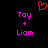 Red pixelated heart symbol above pink text reading 'Toy + Liam' on black background.
