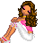 Pixel art icon of a cartoon woman with long brown hair wearing pink and white clothing, holding a white object with pink accents against a gray background.