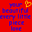 Red background with blue pixelated text reading 'your beautiful every little piece love' and a yellow heart symbol above the word 'beautiful'.
