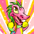 A 4-frame animated contact sheet showing a pink cartoon dragon with green hair and yellow circular earrings against colorful radial backgrounds, each frame displaying distinct background color schemes.
