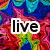 Four distinct display the words live, laugh, and love over vibrant, pixelated tie-dye backgrounds with swirling red, blue, green, and purple patterns