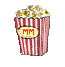 Four identical red-and-white striped popcorn buckets with yellow 'MM' labels, filled with golden-brown popcorn against a gray background.
