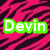 A static image with a pink and black zebra-stripe pattern background and green-outlined white text reading "Devin" in the upper left.