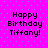 Pixelated text on a bright pink background with cyan dots, reading "Happy Birthday Tiffany!" in four identical quadrants.