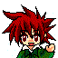 Pixelated character with spiky red hair and green jacket, shown in three sequential poses: open mouth waving, closed mouth smiling, and squinting eyes.