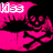 Pixelated pink and black icon with skull, crossbones, lips, and text elements in four