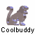 Animated contact sheet of 15 frames showing a stylized lion mascot in various poses and states, with repeated "Coolbuddy" text below each frame.