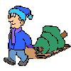 Pixelated cartoon character in blue winter clothing pulls a wooden sled with green bundled items, showing three distinct facial expressions and hand positions