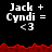 Pixelated text 'Jack + Cyndi = <3' repeated across black background with red jagged border, showing animation of gray appearing on right side