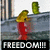 A pixelated figure in red clothing and yellow hair walks left to right across a stone surface with green cylindrical objects, while text appears below.