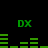 Green pixelated 'DX' text and bar graphs on black background, animated with changing green bars.