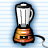 Pixelated image of a blender with white container, black top and base, orange lower section, and visible power cord on light blue striped background.