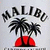 Pixelated image with black text 'MALIBU' above two palm trees on a red base against light gray background.
