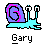 Pixelated snail icon with purple shell featuring pink spiral, cyan body and eyestalks, white eyes on black outlines against gray background.