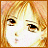 A 48x48 pixel buddy icon split into two sections: a pixelated anime-style character face on the left and stylized text on the black background right, with visible dithering and low-resolution rendering artifacts.