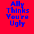 Red background with blue text "Ally Thinks You're Ugly" arranged in six , each showing a different white rectangular overlay position