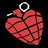 Pixelated red heart-shaped object with black cracks, white circular ring at top, and white rectangular element on left side against black background.