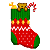 Pixelated Christmas stocking icon with green top, red middle section, and green toe, featuring a brown teddy bear head peeking out of the top, a yellow candy cane tip on the left, and a red-and-white striped candy cane hanging from the right side.