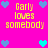 Pixelated graphic with bright pink background, yellow text reading "Garly loves somebody," and blue/cyan heart icons in corners and center.