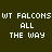 Four pixelated text display "WT FALCONS ALL THE WAY" in white on dark green, red, bright red, and brown backgrounds