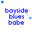 Blue text 'bayside blues babe' on white background with scattered blue and light blue stars, animated star positions across frames.