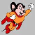 A 3x2 contact sheet of a Mighty Mouse animation frame sequence showing the character in flight with repeated "mighty MOUSE!" text across colored backgrounds.