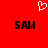 Red background with white pixelated heart symbol above two black 'SAM' text blocks in pixel art style.