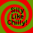 Four identical circular frames with red and green spiral backgrounds display the text "Silly Like Chilly!" in black pixelated font.