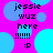 Pixelated text and blue circles on a bright pink background with repeated 'jessie wuz here !!!!! :p' phrases.