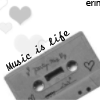 A grayscale buddy icon featuring a cassette tape with 'music is life' text, floating hearts, and a heart symbol on the tape.