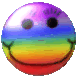 Rainbow-colored circular icon with a smiling face, black eyes, and a curved mouth, showing slight variations in expression and color gradient