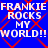 Blue background with red diamond lattice pattern and repeated white text "FRANKIE ROCKS MY WORLD!!" in pixelated font.