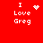 Red background with white text "I Love Greg" and four distinct pixelated symbols: a heart, a starburst, a dotted circle, and no symbol.