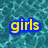 Pixelated text on a blue water background: 'girls' top-left, 'modified' top-right, 'swimming' bottom-left with two heart symbols and '2009' in the center-bottom.