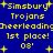 Blue background with yellow pixelated text reading 'Simsbury Trojans Cheerleading 1st place! 08' and small plus signs scattered throughout.