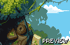 Pixel art scene showing a treehouse with wooden platforms and green foliage under a blue sky with white clouds, labeled "PREVIEW" in pixelated text.