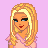 Pixel art of a blonde woman with blue eyes and red lips, wearing a pink top and green shorts with yellow belt, standing against light purple background.