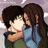 Two pixelated figures embrace against a red background with blue text reading 'because you're mine' in four separate segments.