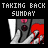 Pixelated animated contact sheet showing three frames of a hand pressing a button with blood effects, accompanied by text "TAKING BACK SUNDAY" above each frame.