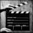 Black-and-white pixelated icon depicts a film clapperboard with horizontal lines and vertical bar, set against textured background.