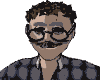 Pixelated cartoon character with brown curly hair, round glasses, and a mustache in four expressions across three