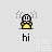 Pixel art character with yellow torso and white head waves hands, surrounded by four identical static frames showing 'hi' text beneath each frame.