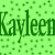 Green pixelated text 'Kayleen' on a light green background with scattered darker green squares.