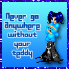 Pixelated blue background with text 'Never go Anywhere without your teddy' and a character holding a blue teddy bear, bordered by purple pixelated frame.