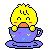 Pixel art of a yellow chick in a blue teacup with colorful hearts, showing four distinct expressions and poses
